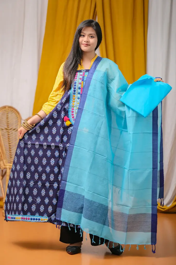 Deep Blue Floral Sky Blue Hand-loom Orna and Pants Cotton Unstitched Three Piece