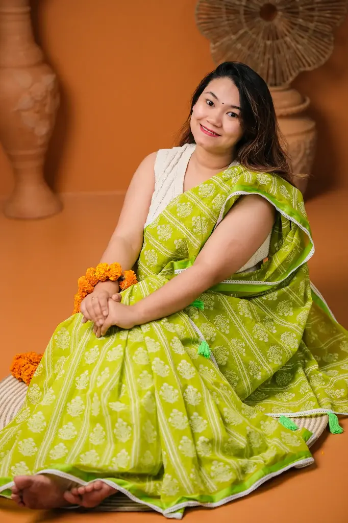 Olive Green Body White Floral Design Half Silk Screen Print Sharee