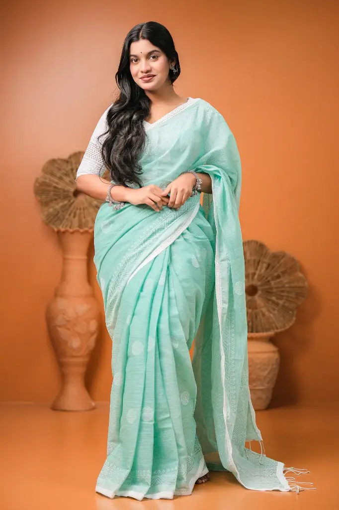 Mint Green Body White Zig Zag Design Cotta Cotton ‍Sharee