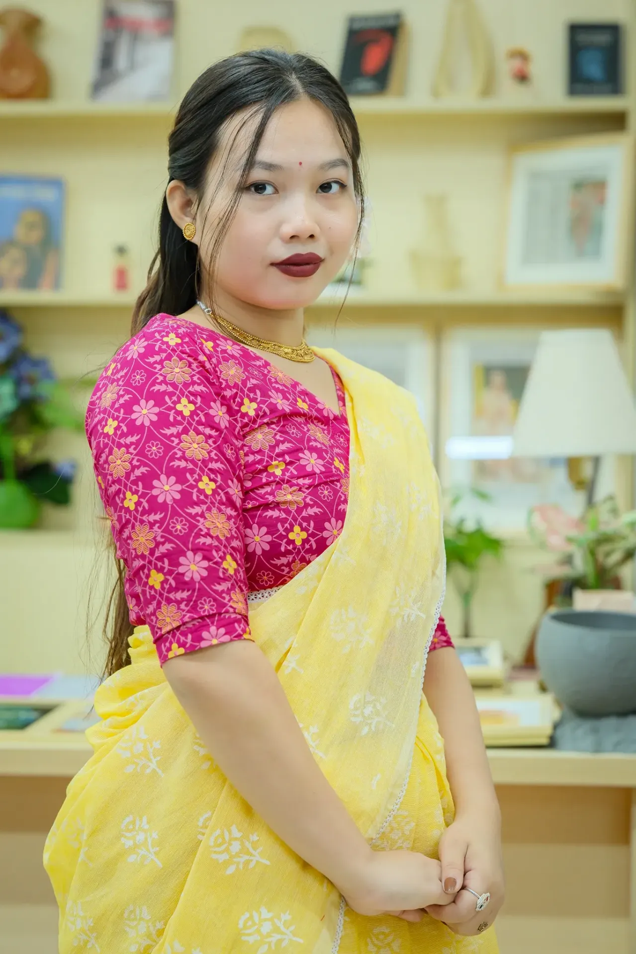 [0204] Hot Pink Yellow Floral Cotton Blouse (34, Regular)