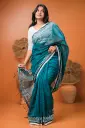 Deep Teal Body White Dots Block Print Sharee