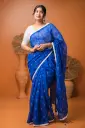 Royal Blue Body White Paisley Half Silk Screen Print Sharee