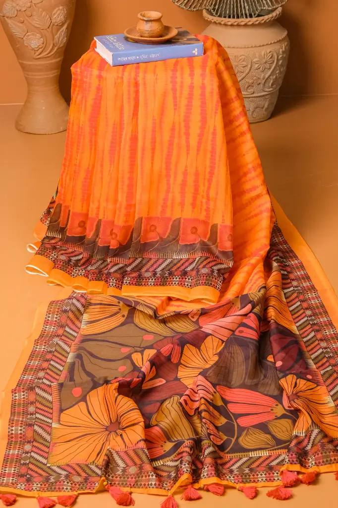 Red Orange Dye Body Flower Anchal Mixed Cotton Sharee