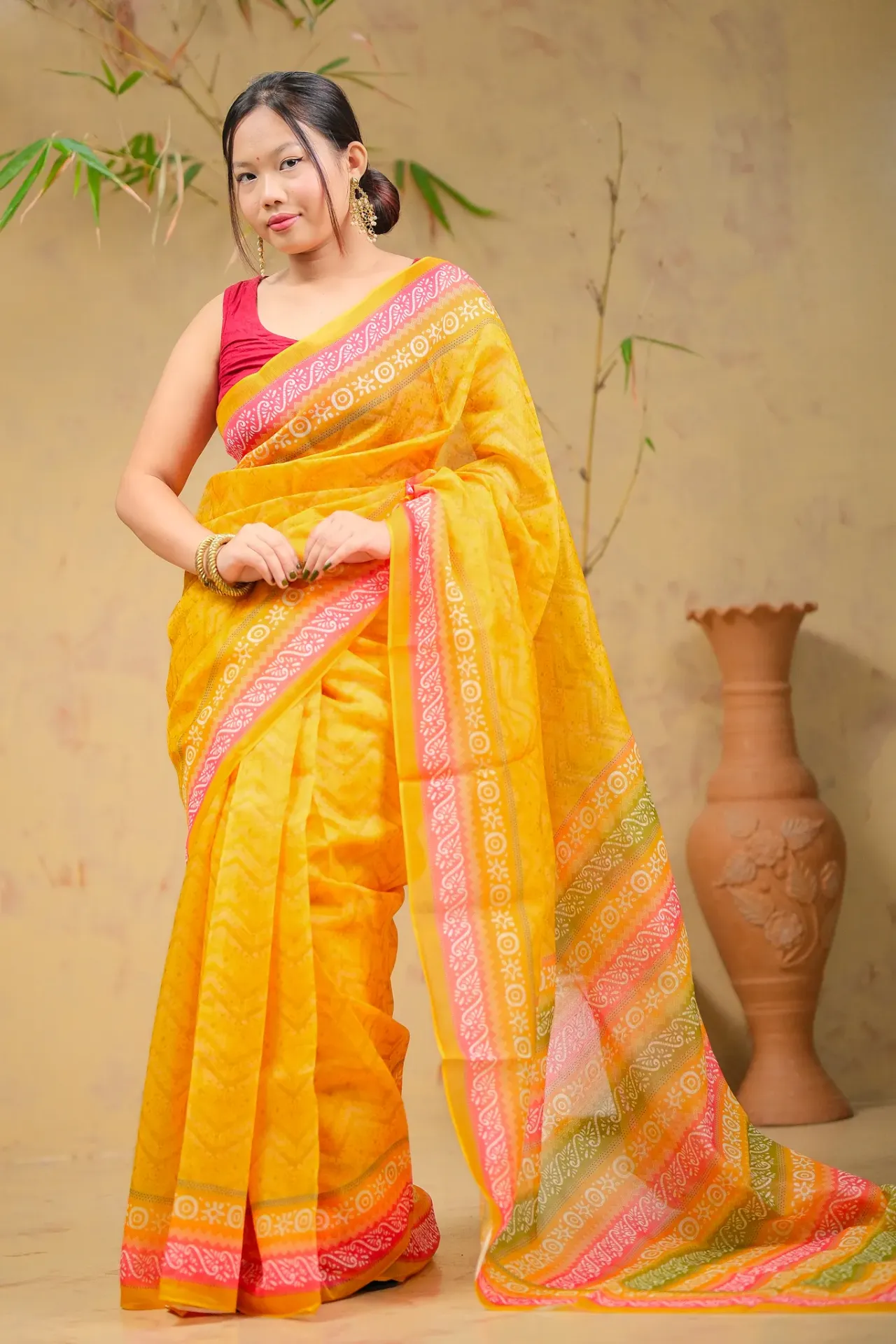 Mustard Yellow Zigzag Body Floral Anchal Mixed Cotton Sharee