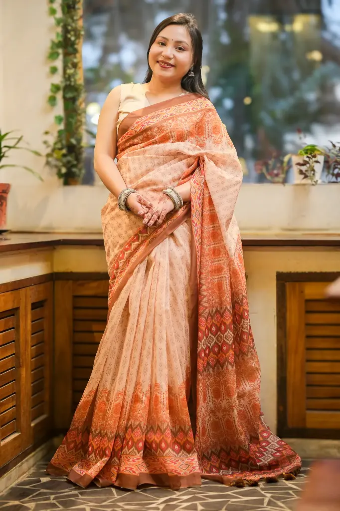 Apricot Orange Body Turkish Anchal Mixed Cotton Sharee