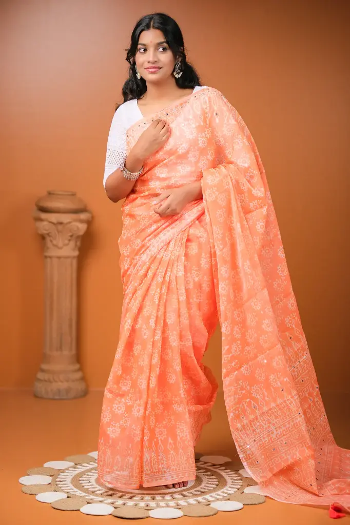 Coral Pink Sequin Silk Natural Dye Sharee