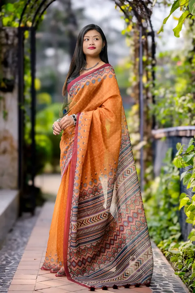 Burnt Orange Azrakh Motif Mixed Cotton Sharee
