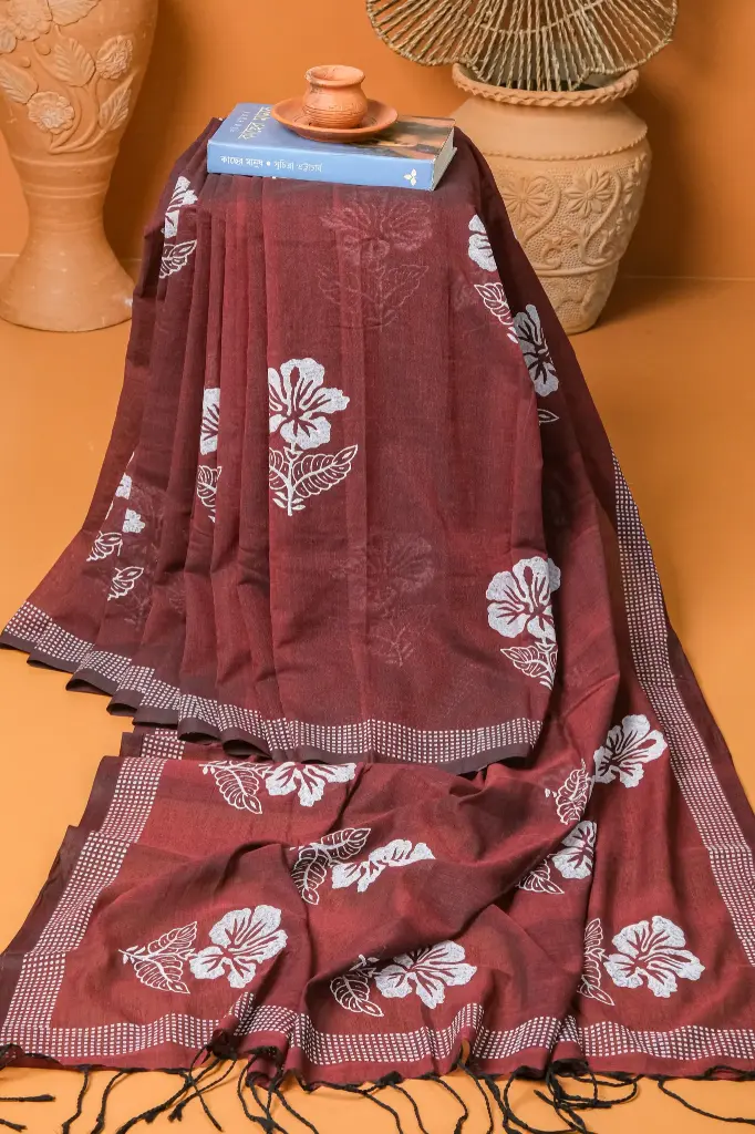 Maroon Body White Hibiscus Flower Screen Print Cotton Share