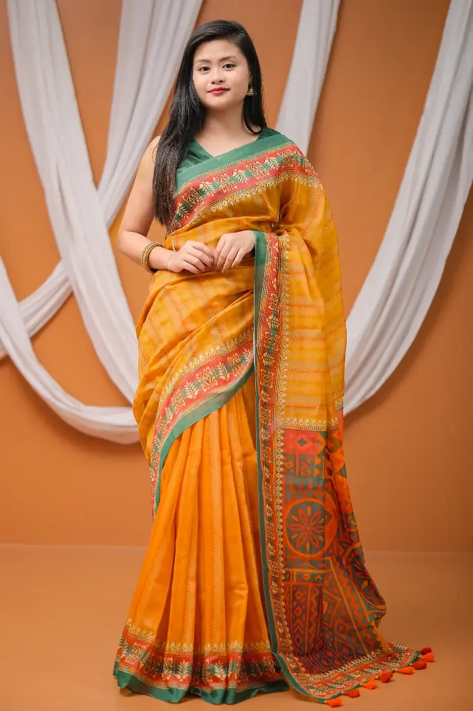 Mustard Yellow Body Red Green Anchal Digital Print Mix Cotton Sharee