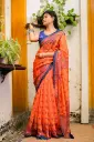 Bright Orange Body Navy Blue Paar Digital Print Mix Cotton Sharee