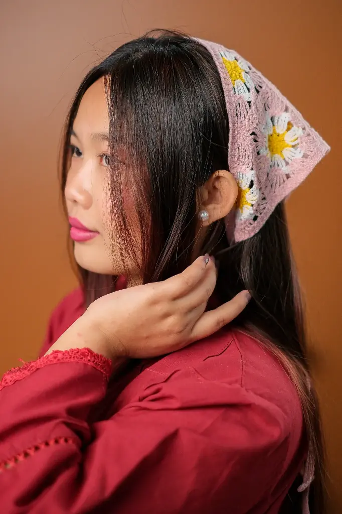 Mauve Pink Yellow White Flower Crochet Hair Bandanna