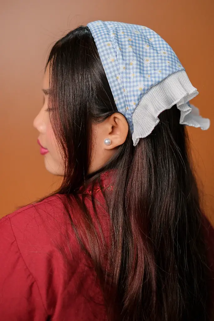Sky Blue Check Daisy Hair Bandanna