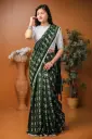 Bottle Green Body White Design Screen Print Cotton Sharee