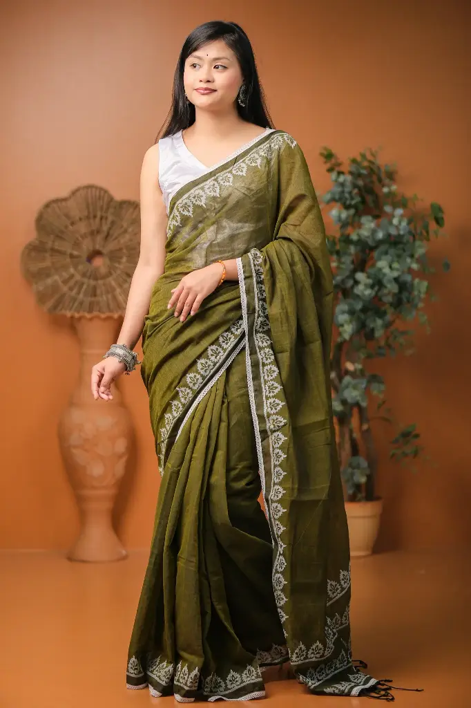 Moss Green Body White Print Paar Screen Print Cotton Sharee