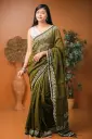 Moss Green Body White Print Paar Screen Print Cotton Sharee