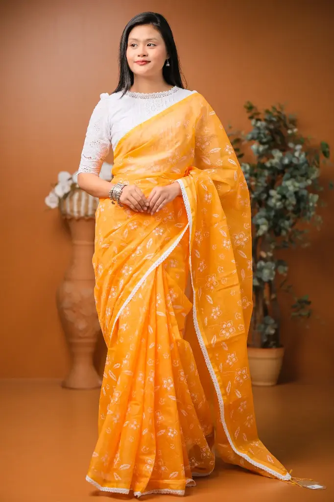 Orange Body White Floral Half Silk Screen Print Sharee