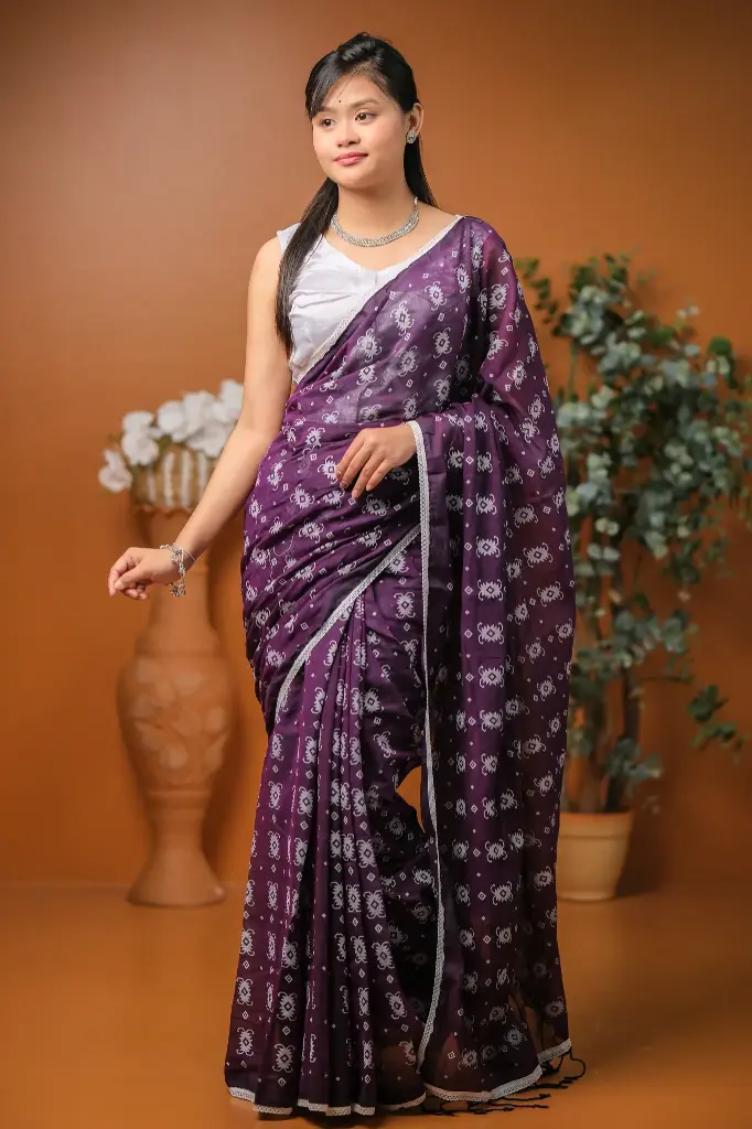 Deep Purple Body White Small Design Screen Print Cotton Sharee