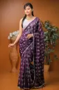 Deep Purple Body White Small Design Screen Print Cotton Sharee