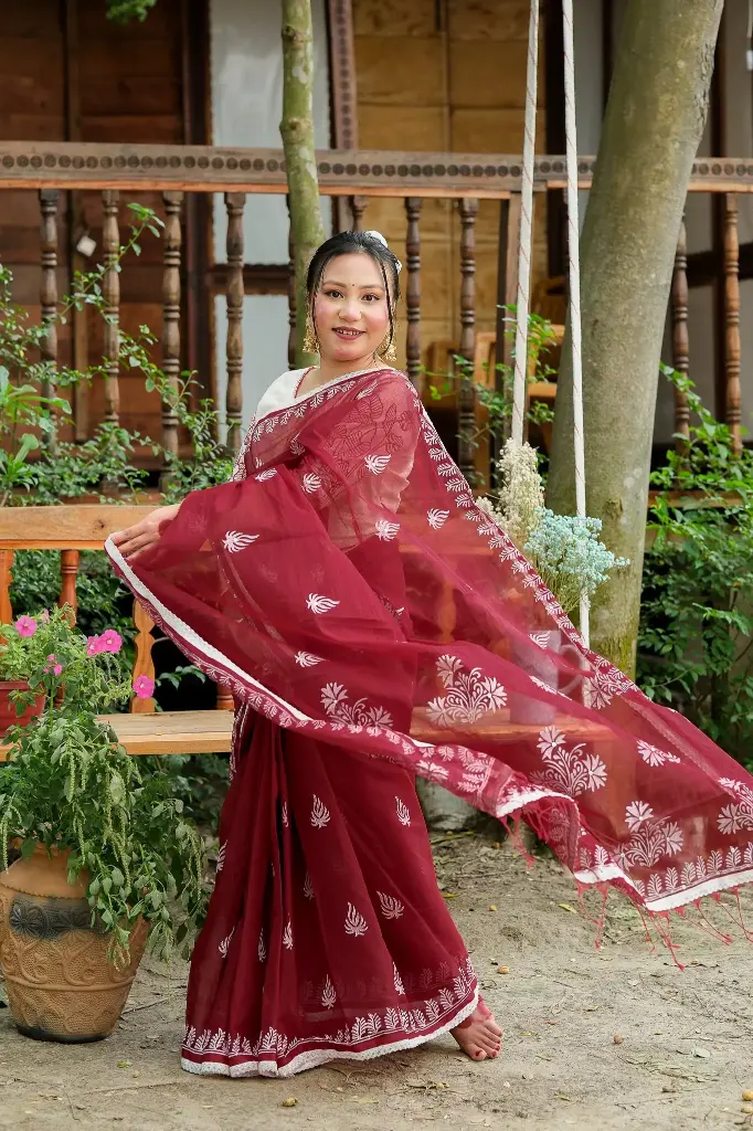 Maroon White Flower Sequins Block Print Sharee