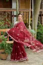 Maroon White Flower Sequins Block Print Sharee