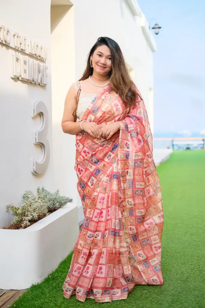 Stamp Design Digital Printed Muslin Sharee