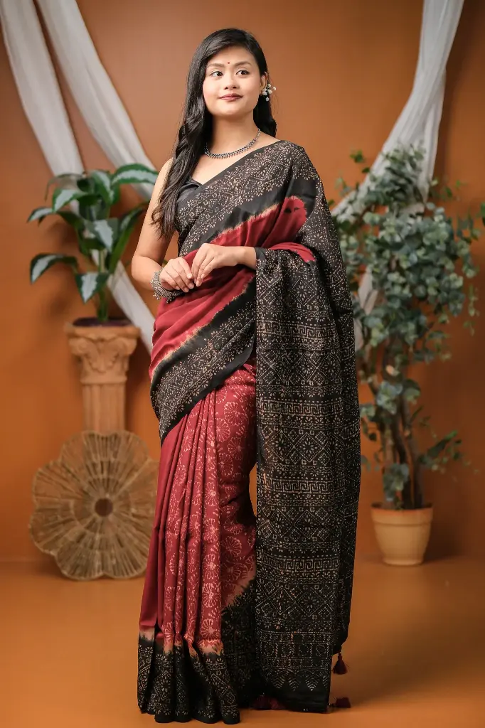 Black Maroon Silk Natural Dye Sharee