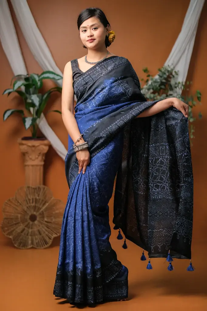 Black Royal Blue Silk Natural Dye Sharee
