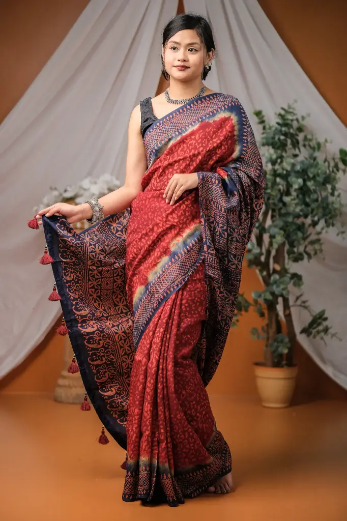 Navy Blue Deep Maroon Silk Natural Dye Sharee