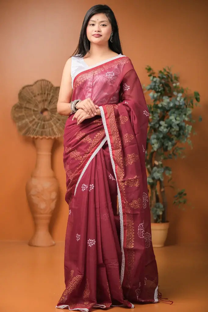 Maroon Body White Flower Block Print Sharee 