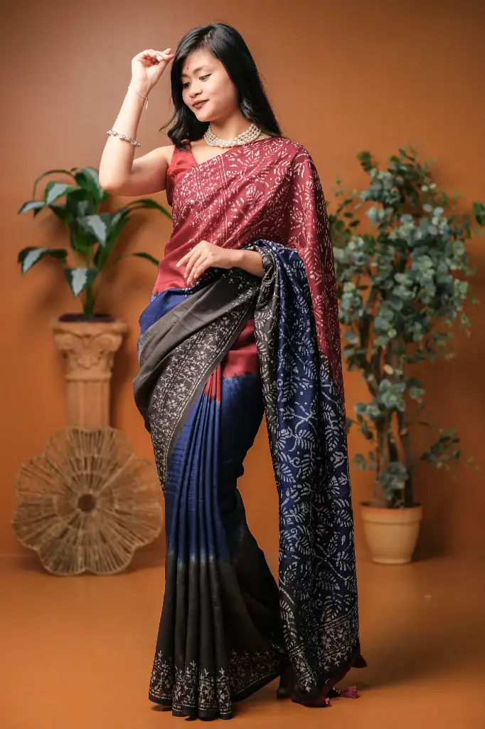 Dark Blue Maroon Grey Silk Natural Dye Sharee