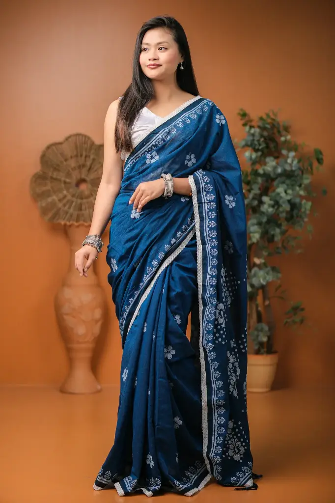 Navy Blue Body White Flower Lace Paar Screen Print Cotton Sharee 