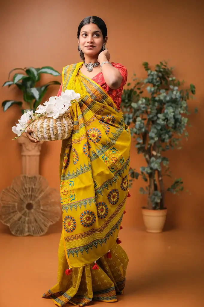 [0134] Mustard Yellow Body Red Yellow Blue Print Dollar Hand Work Half Silk Sharee