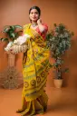 Mustard Yellow Body Red Yellow Blue Print Dollar Hand Work Half Silk Sharee