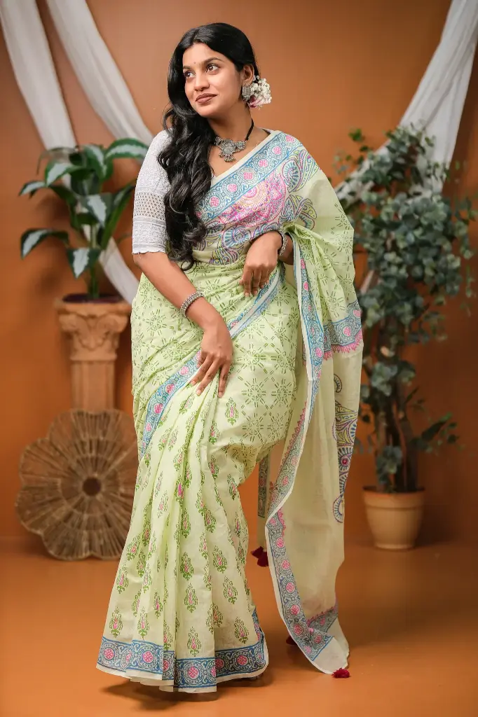 Soft Green Body Teal Pink Print Dollar Hand Work Sharee