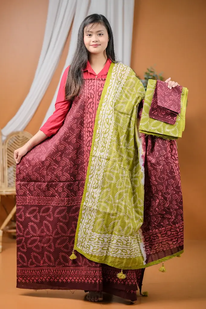 Dark Maroon Olive Cotton Batik Unstitched Three Piece