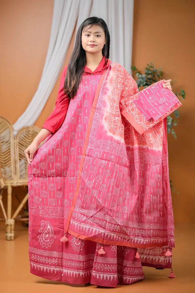 Pink Peach Cotton Batik Unstitched Three Piece