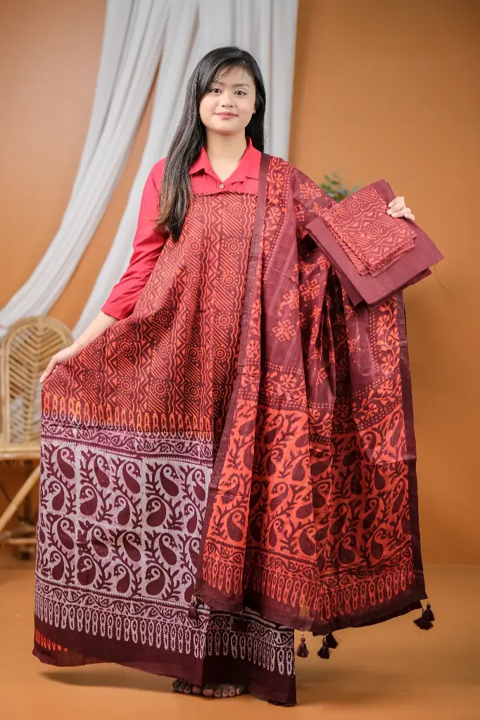 Deep Wine Burnt Orange Print Cotton Batik Unstitched Three Piece