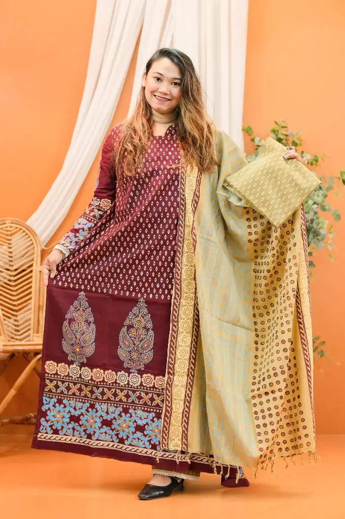 Wine Maroon Hand Work Cotton Three Piece