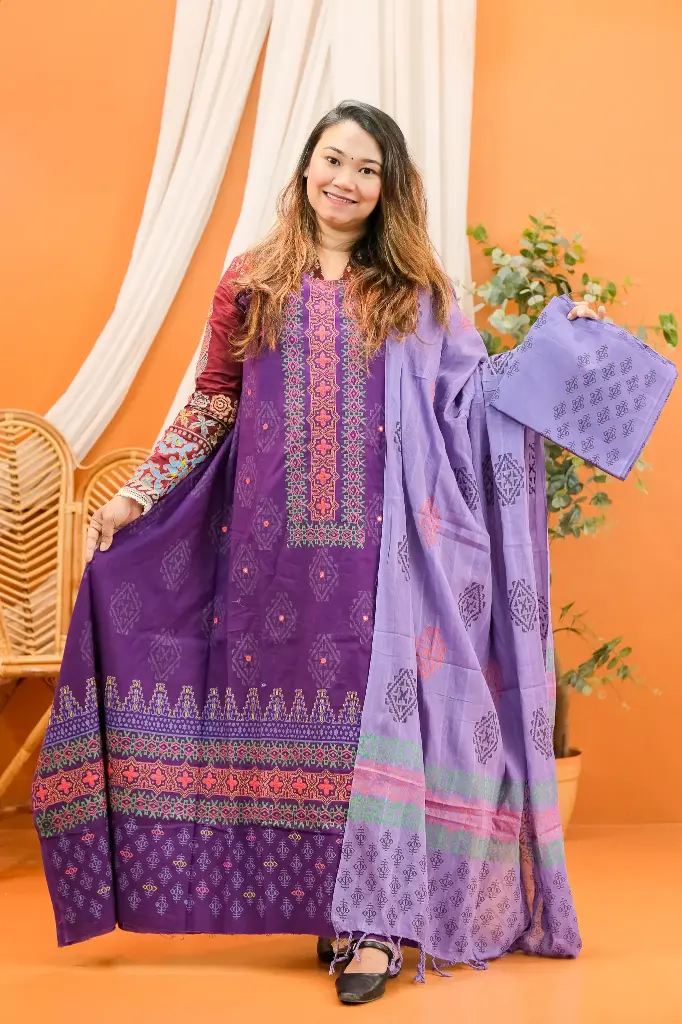 Purple Hand Work Cotton Three Piece