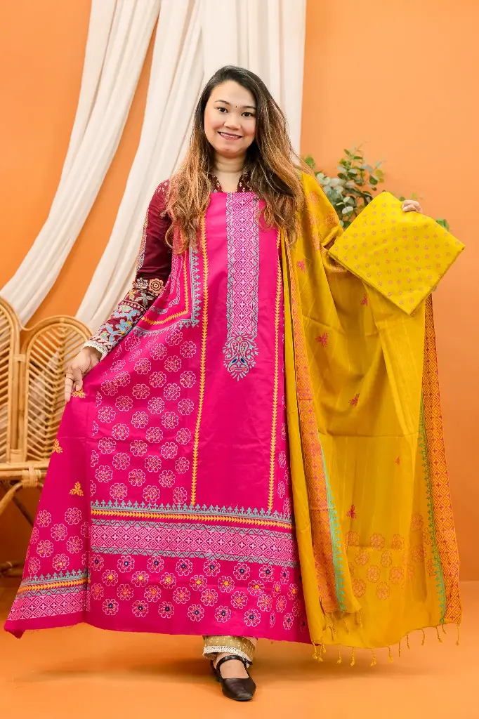 Pink Mustard Yellow Hand Work Cotton Three Piece
