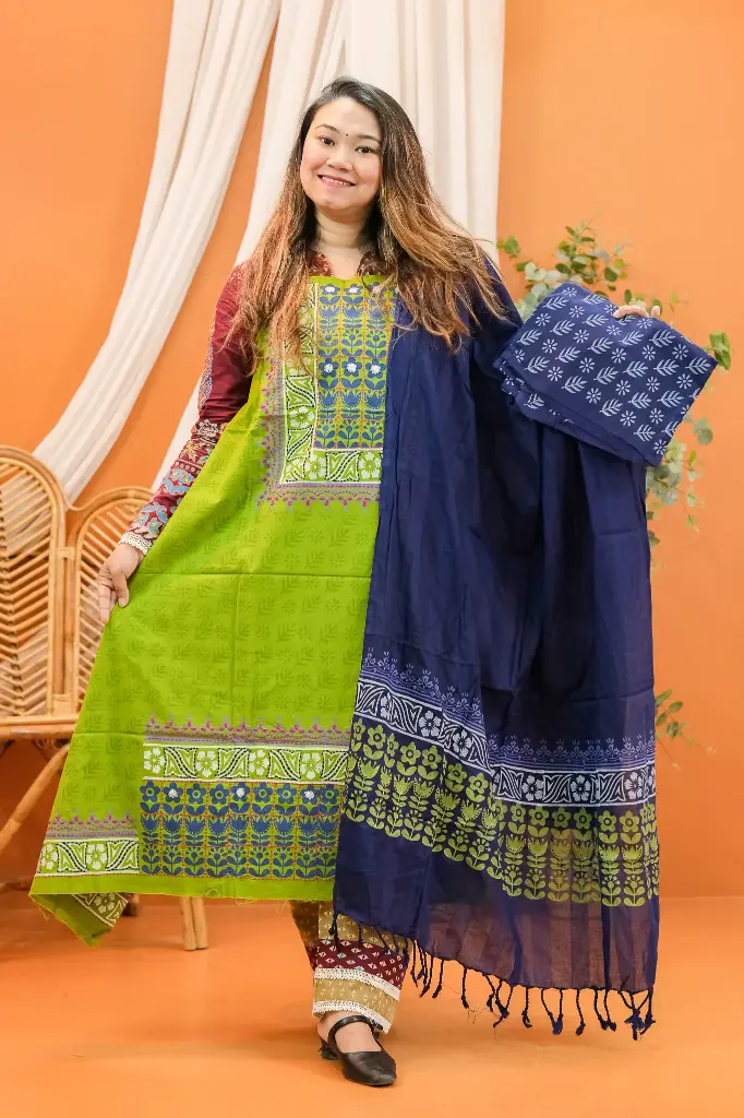 [0423] Lemon Royal Blue Hand Work Cotton Three Piece