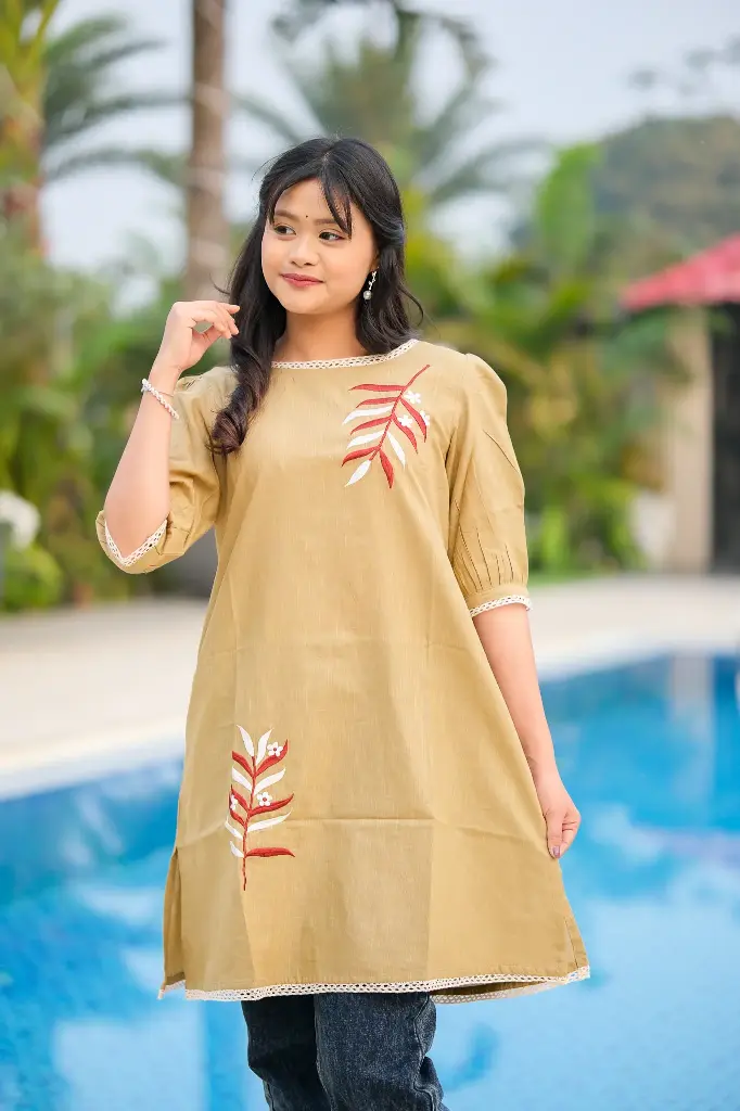 Pale Khaki Leaf Embroidery Kurti