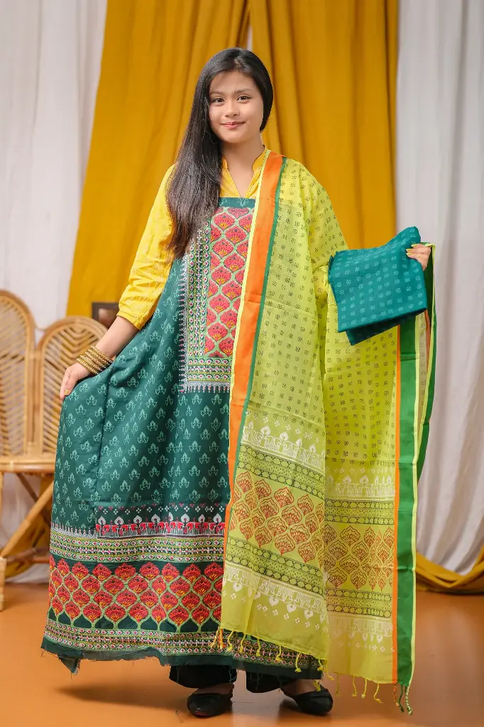 [0415] Sea Green Hand Work Cotton Slab Unstitched Three Piece