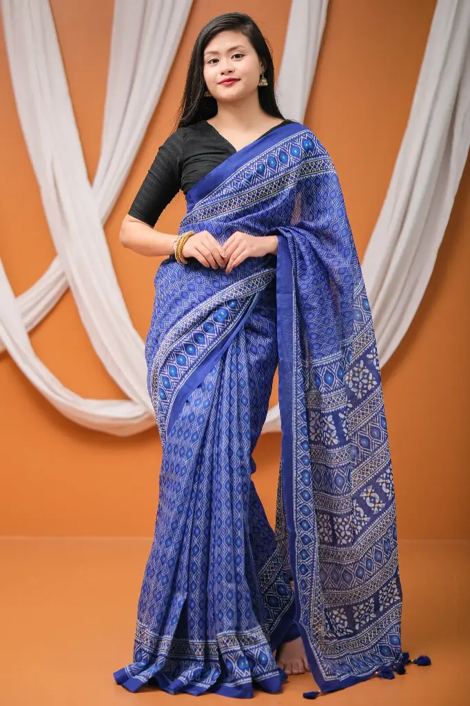 Blue Indigo Digital Print Mix Cotton Sharee