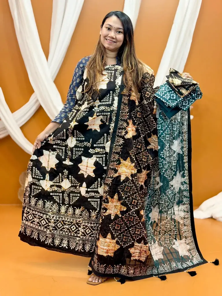 Black Burnt Orange Sea Green Batik Un-Stitched Three Piece