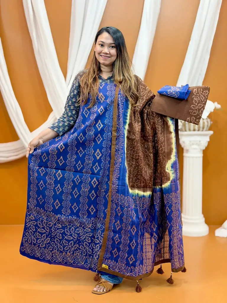 Blue Brown Batik Unstitched Three Piece 