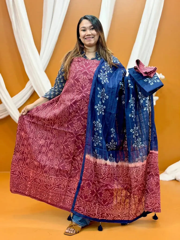 Mauve Pink Blue Batik Unstitched Three Piece 