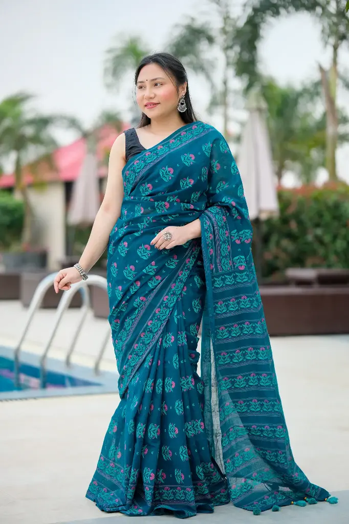 Sea Green Body Pink Flower Mixed Cotton Sharee