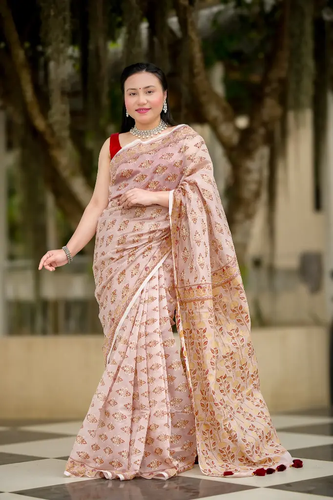 Bineeta- Pink Beige Body Maroon Floral Mixed Cotton Sharee