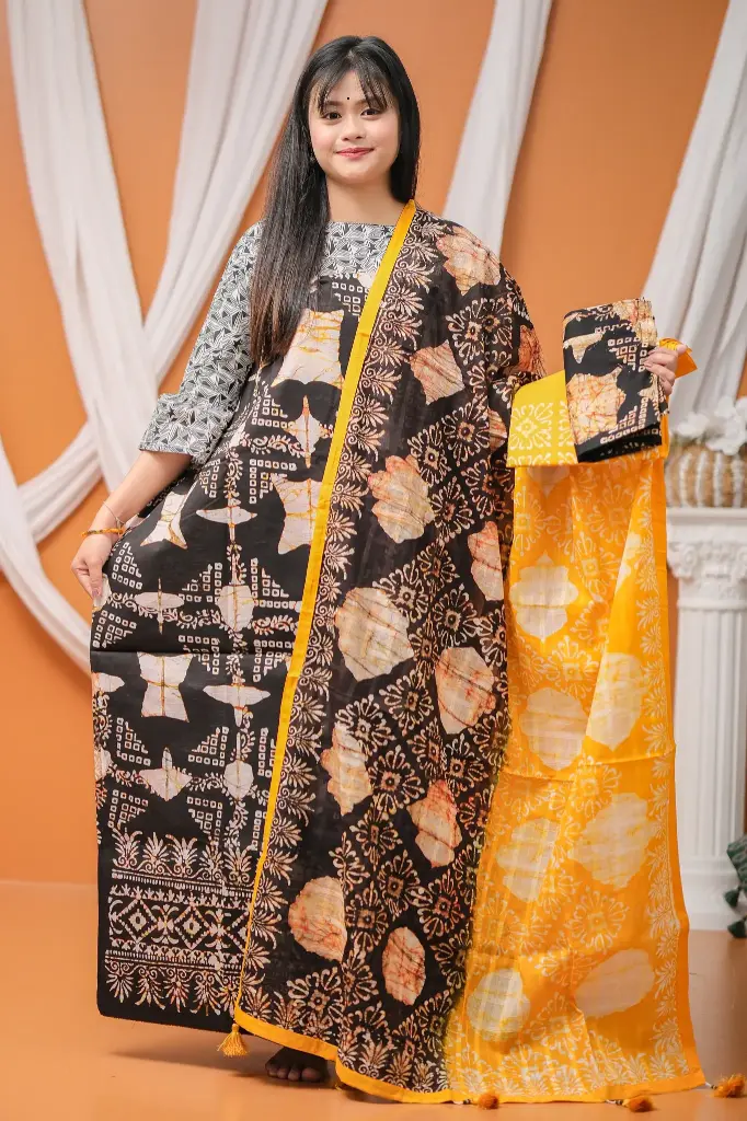 Black Orange Cotton Batik Unstitched Three Piece
